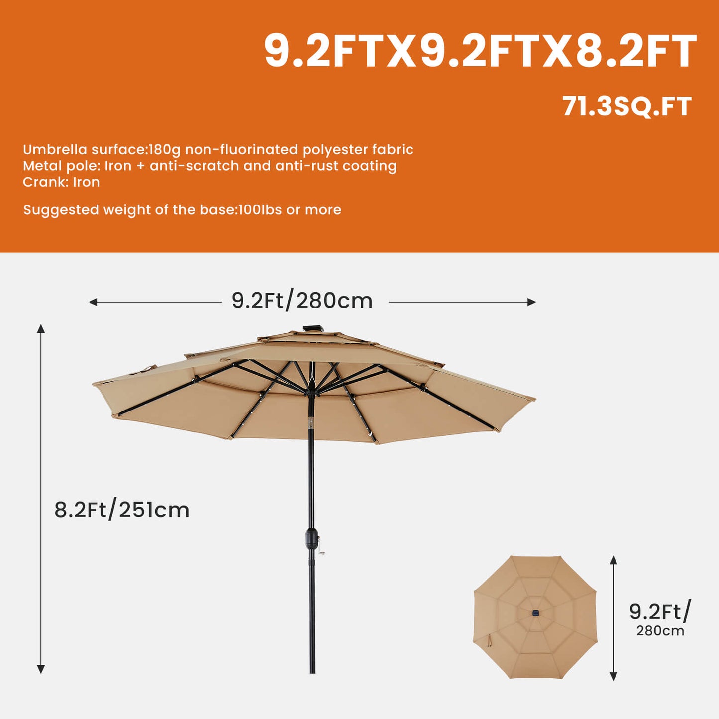 10FT Solar Patio Umbrella with LED Lights