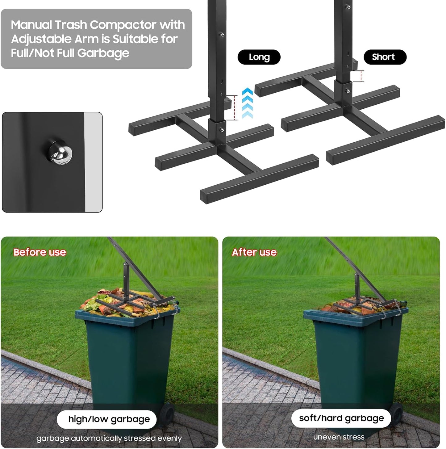 Manual Trash Compactor, Waste Recycling Hand Tool for Outdoor Use, Touchless Bin Compactor for 120-660L Wheelie Bins, Iron Compacting Trash Can - Practicalist